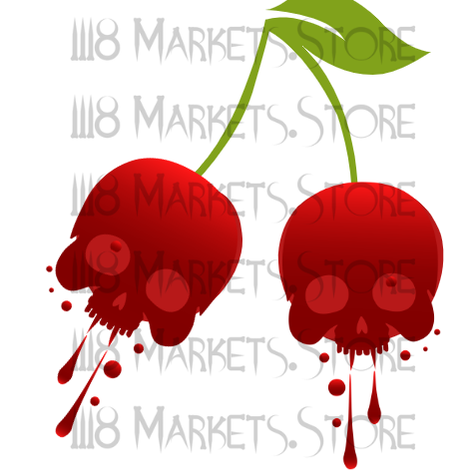 Two red cherries with skull faces and dripping blood, connected by a green stem and leaf.