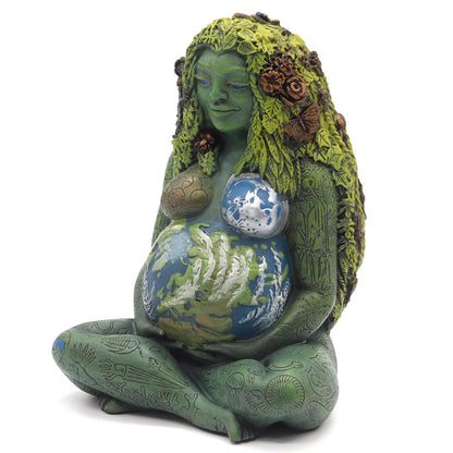 Green Millennial Gaia goddess statue with textured hair and nature motifs, side view showing intricate sculptural detail by Oberon Zell.