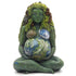 Green-skinned Millennial Gaia earth goddess figure with long leafy hair seated cross-legged, by Oberon Zell, front view.