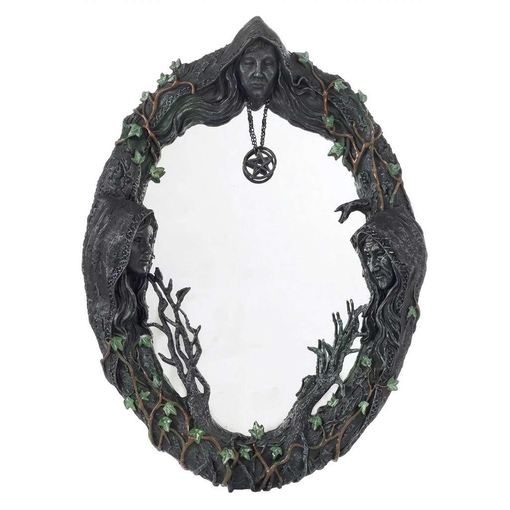17-inch Maiden Mother Crone decorative wall mirror — triple goddess motif embossed around the frame showing three feminine figures for Wiccan altar décor.