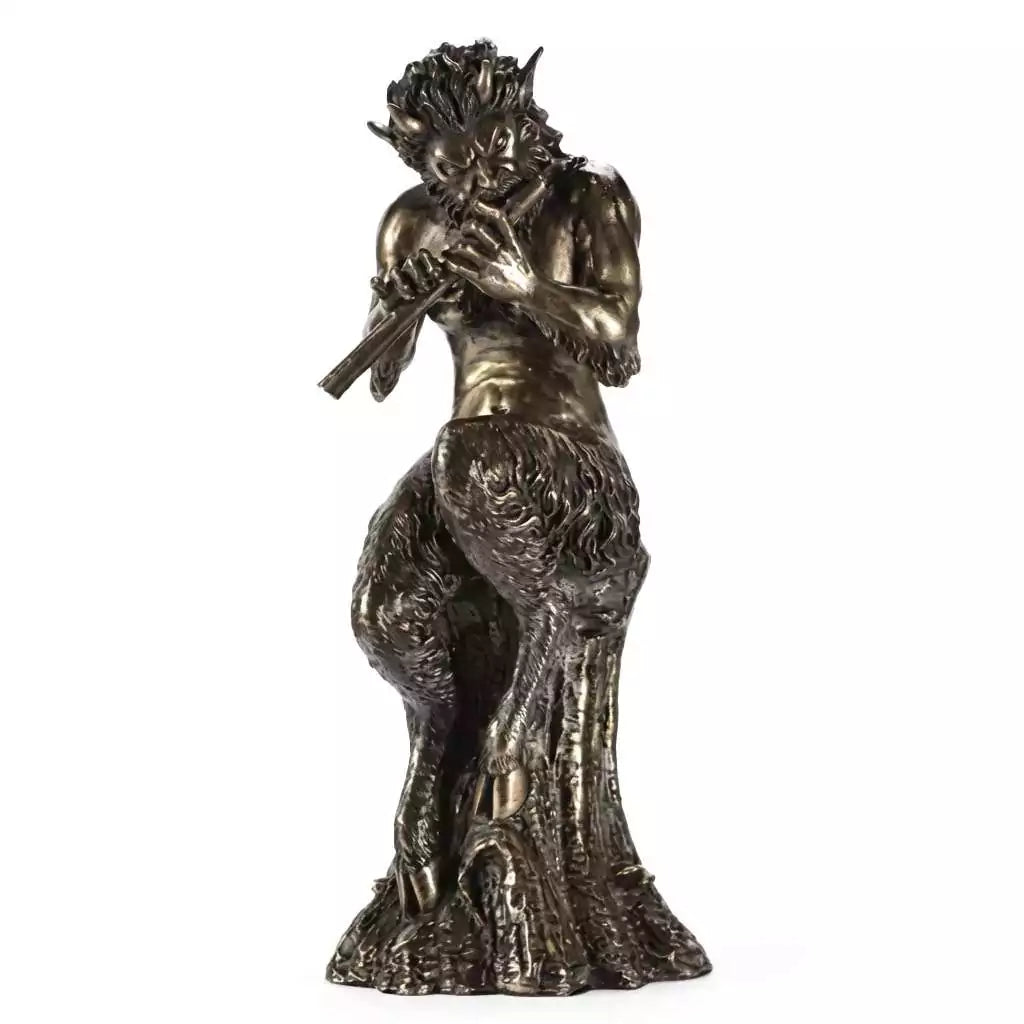 Nine and a half inch Pan Satyr statue of Greek god of wild nature music and ecstasy for pagan altar decor and earth magic devotion