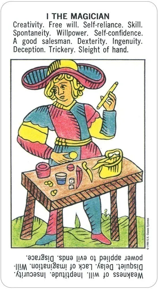 A colorful Starter Tarot Deck card featuring The Magician at a table surrounded by symbolic tools — a clear and accessible illustration from the Bennett and George beginners tarot deck.