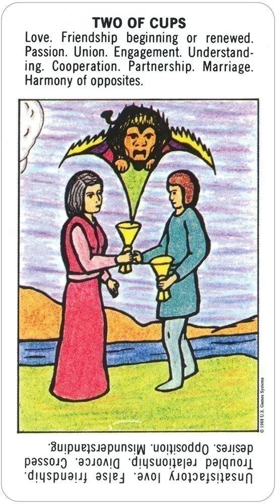 A Starter Tarot Deck card depicting two figures holding cups in a gesture of connection and partnership — a clear and accessible love and relationship card from the beginner tarot set.