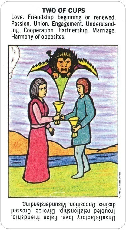 A Starter Tarot Deck card depicting two figures holding cups in a gesture of connection and partnership — a clear and accessible love and relationship card from the beginner tarot set.