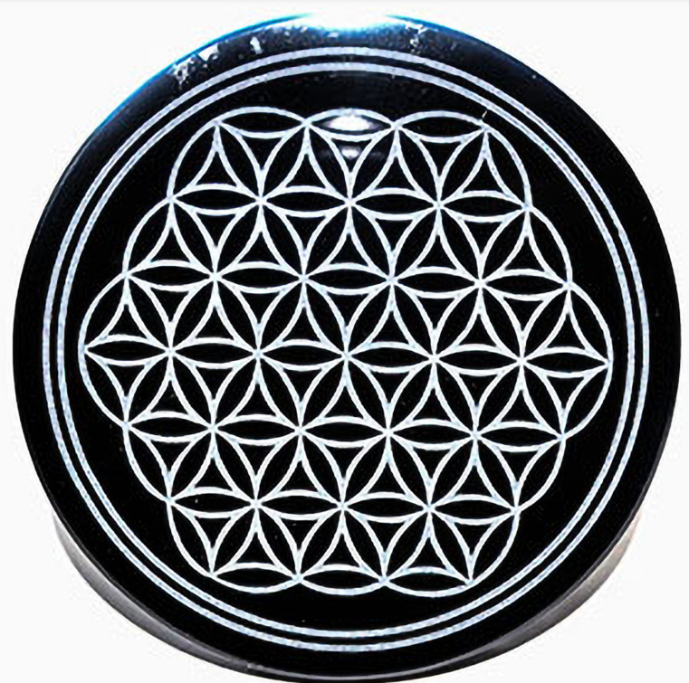 4" Obsidian, Black Flower of Life altar tile