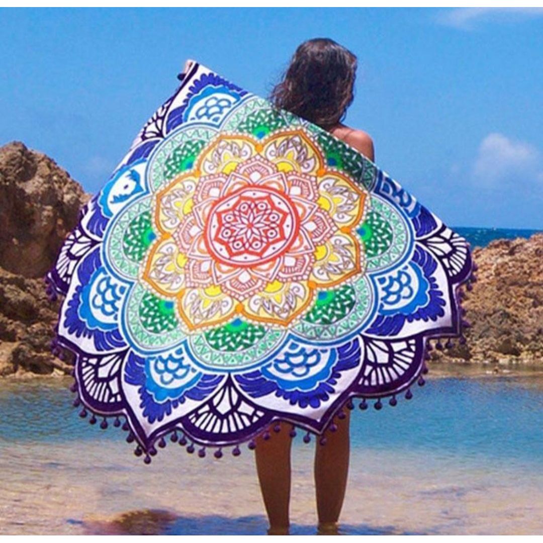 Rainbow Chakra Lotus-Shaped Meditation Towel with Purple Tassels