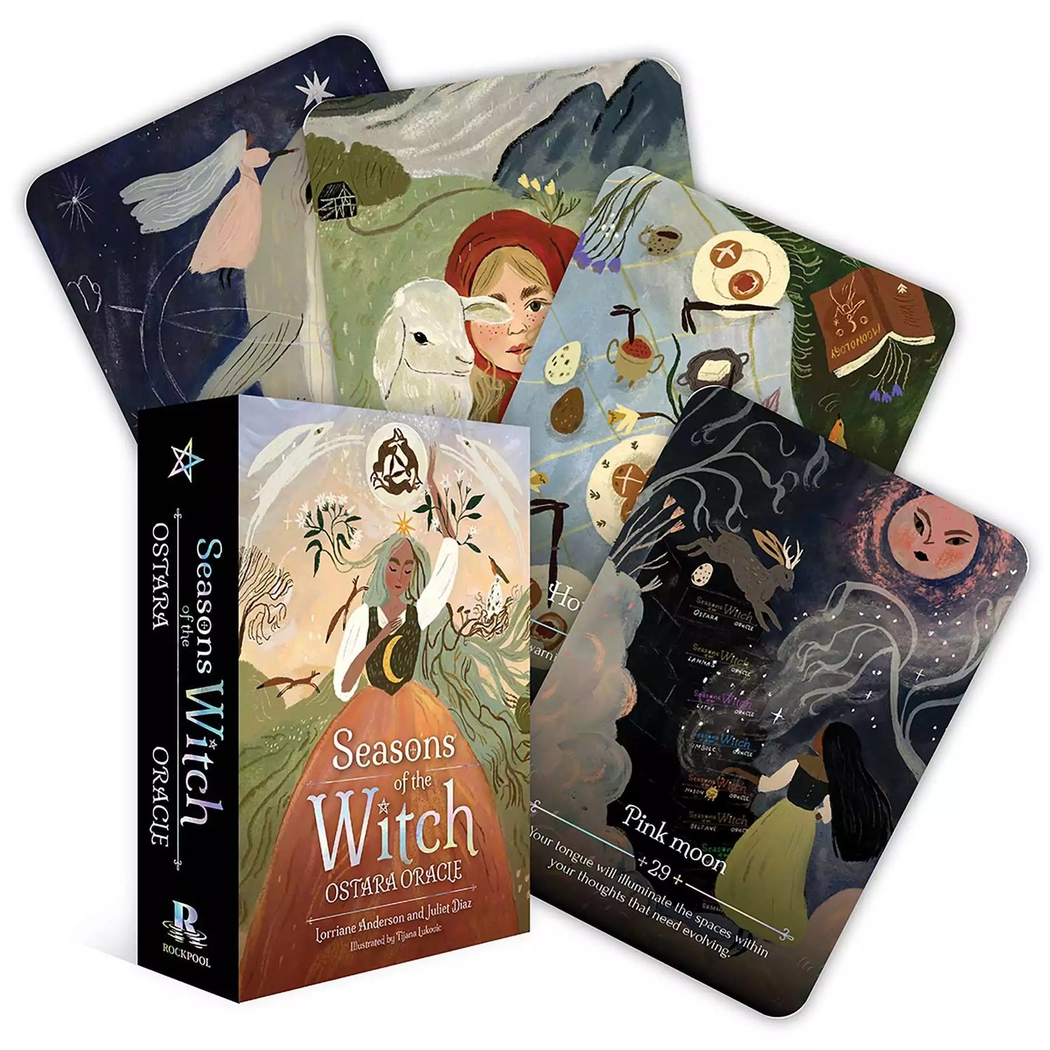 Seasons of the Witch Ostara Oracle cards with beautifully illustrated spring equinox imagery including florals and renewal symbols, Anderson and Diaz 44-card deck.
