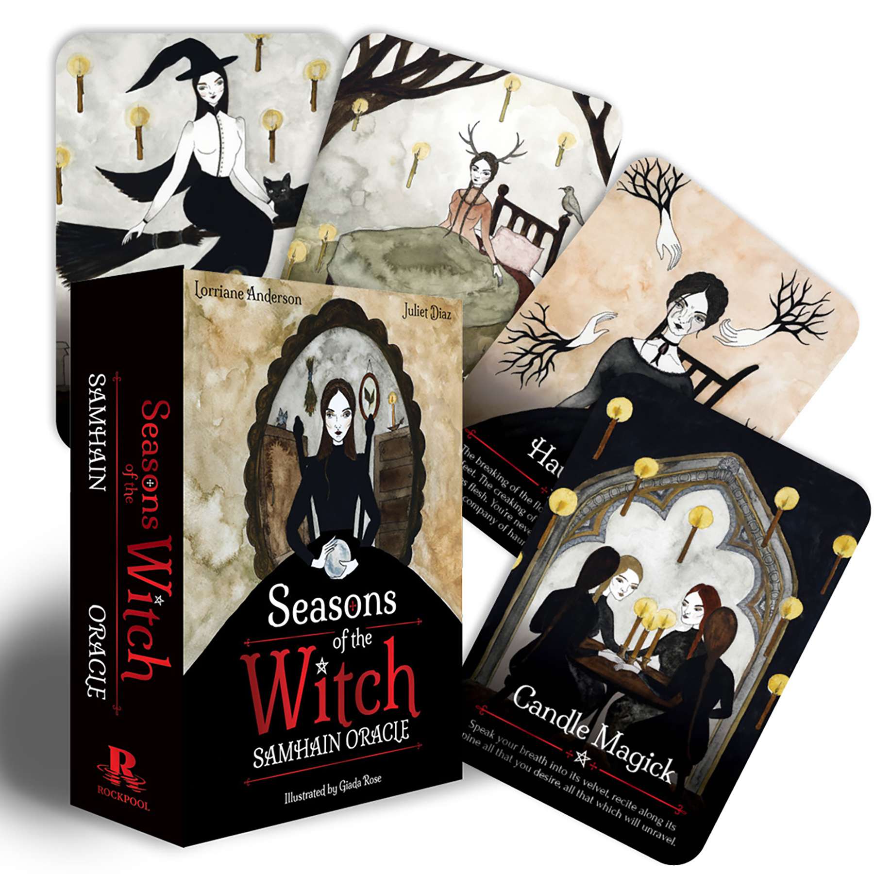 Seasons of the Witch Samhain Oracle box set with cards fanned out showing rich autumnal and ancestral imagery, Anderson and Diaz 44-card Samhain oracle deck.