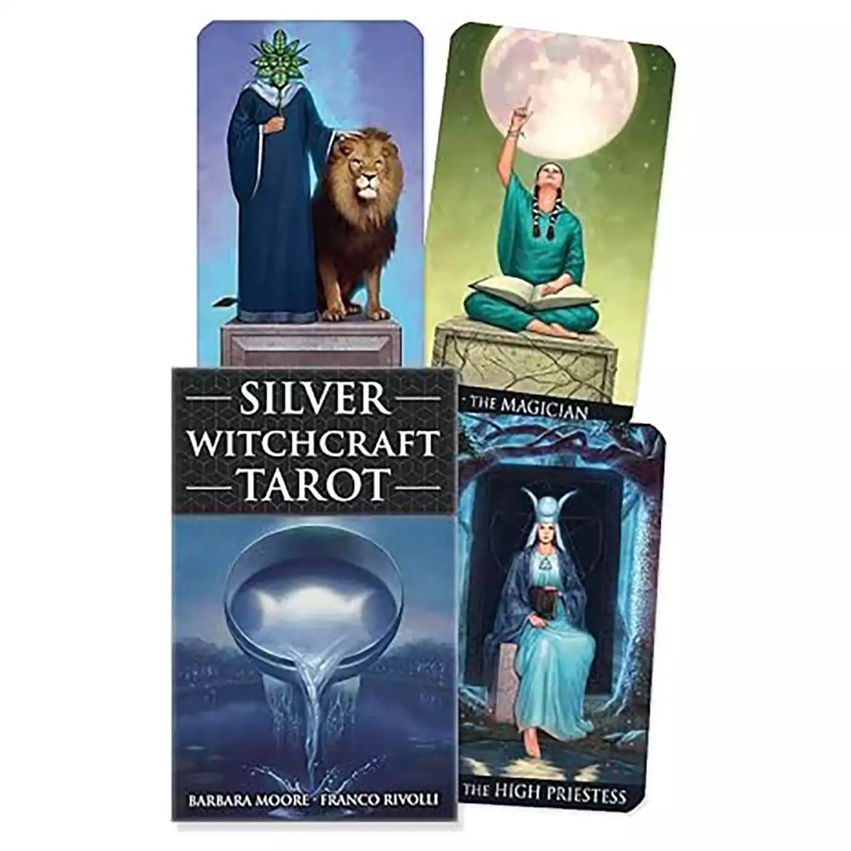 Silver Witchcraft Tarot box by Barbara Moore and Franco Rivolli with a silver bowl pouring water at dusk, beside The Magician, The High Priestess and a robed figure with a lion