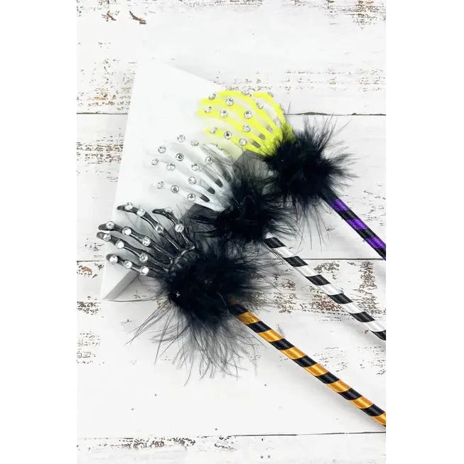 Glam Skeleton Hand Pen – Sparkly Bling &amp; Feather Boa, Random Color