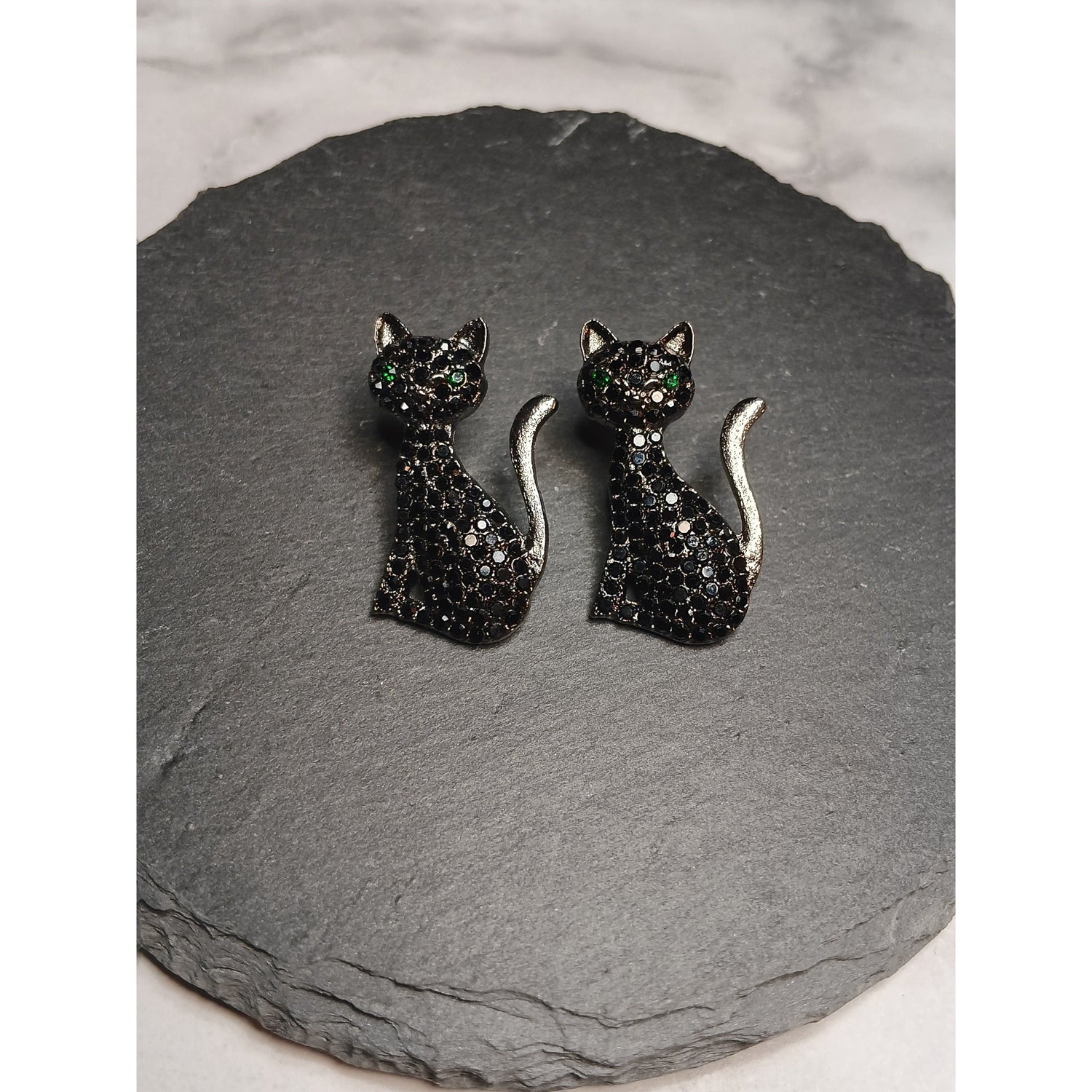 Studded Black Cat Earrings – Green Gem Eyes, Post Back