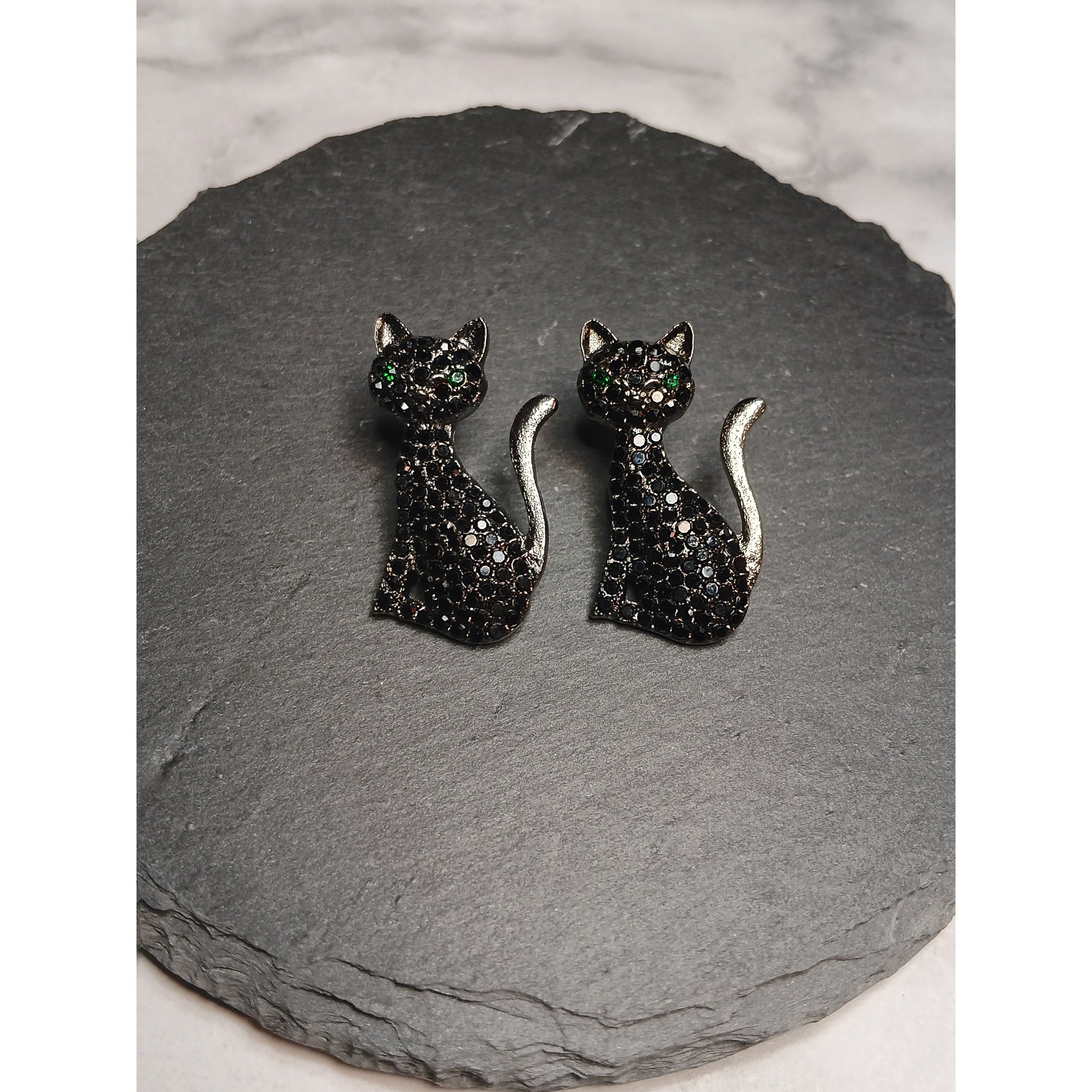 Studded Black Cat Earrings – Green Gem Eyes, Post Back