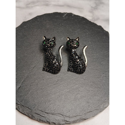 Studded Black Cat Earrings – Green Gem Eyes, Post Back