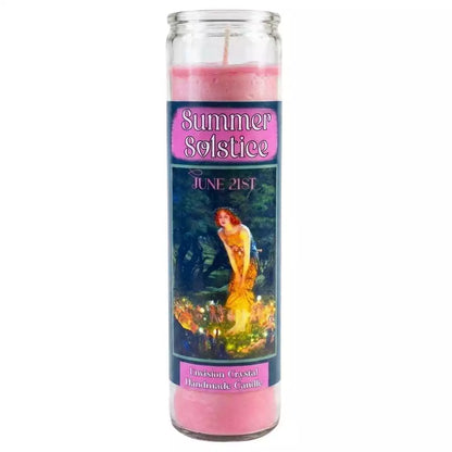 A glass jar candle labeled Summer Solstice aromatic ritual candle with Litha-themed label artwork showing warm summer imagery, wax-filled jar for midsummer celebration
