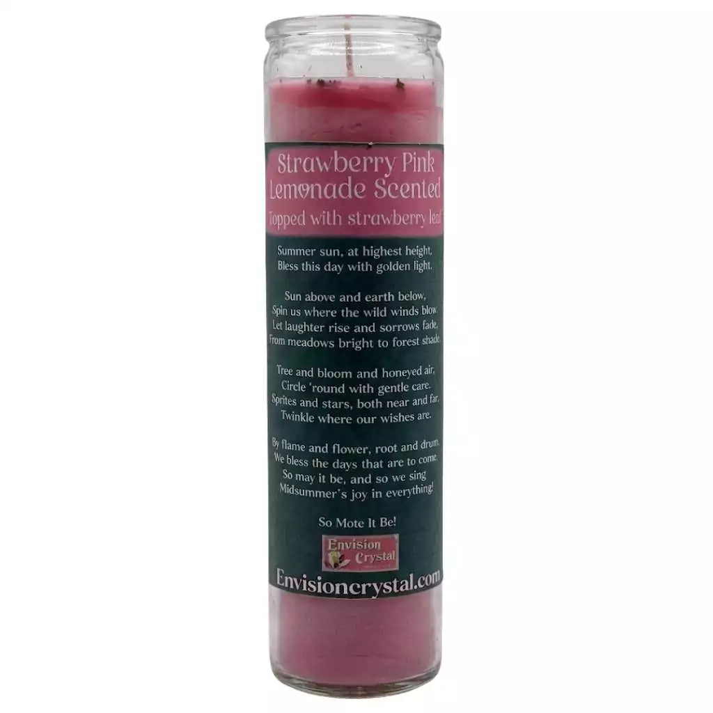 A tall, pink candle in a glass container, labeled "Strawberry Pink Lemonade Scented." The label features a description of the scent and its intended use.