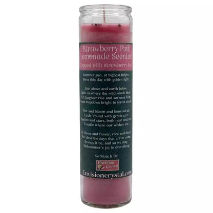 A tall, pink candle in a glass container, labeled "Strawberry Pink Lemonade Scented." The label features a description of the scent and its intended use.
