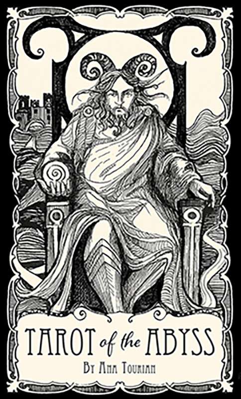 A detailed illustration of a seated figure with ram-like horns, holding a sphere, surrounded by abstract patterns and a mystical background, representing the "Tarot of the Abyss" by Anna Tourian.
