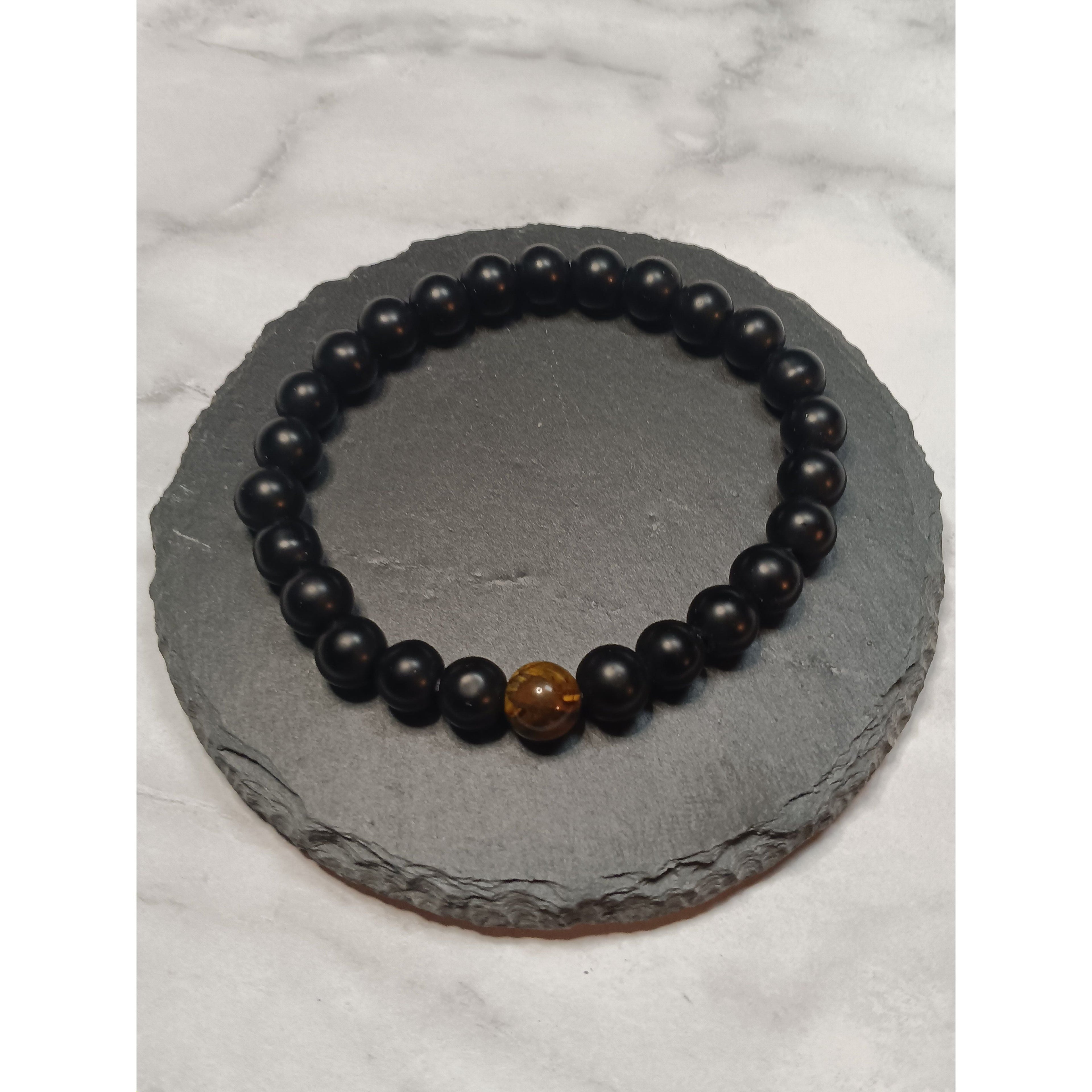 Tiger Eye &amp; Black Bead Stretch Bracelet – 1 or 2 Tiger Eye Beads