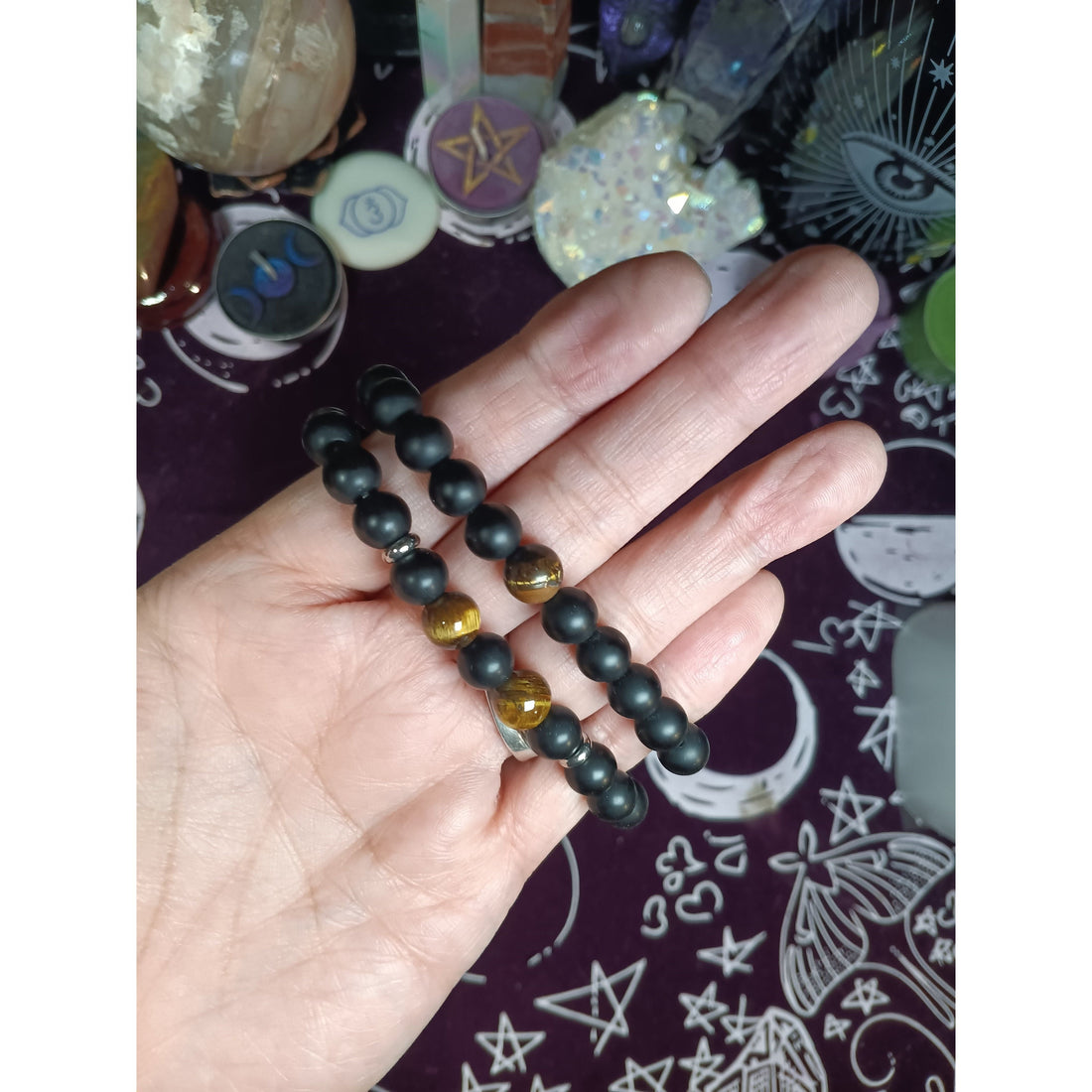 Tiger Eye &amp; Black Bead Stretch Bracelet – 1 or 2 Tiger Eye Beads
