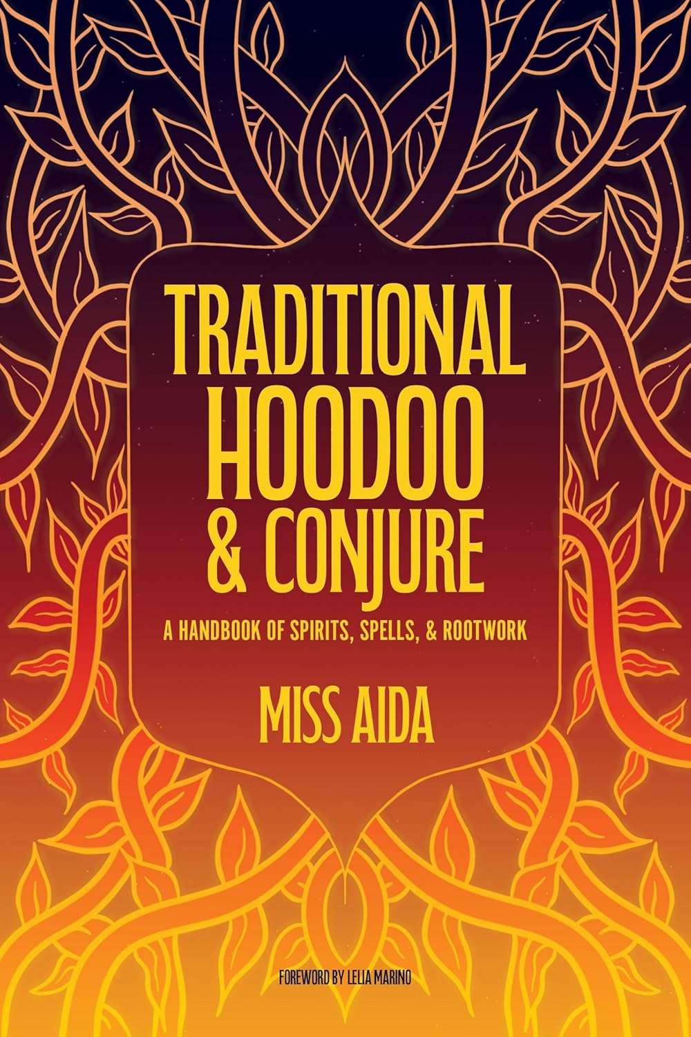Traditional Hoodoo and Conjure book cover by Miss Aida with vibrant decorative artwork and bold title lettering