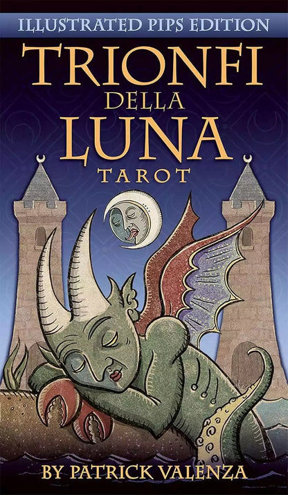 Trionfi Della Luna tarot card featuring a fantastical surrealist creature in colorful imaginative illustration, Patrick Valenza tarot deck artwork.