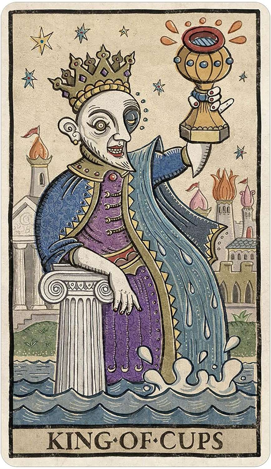 King of Cups tarot card from Trionfi Della Luna showing a regal figure seated on a stone throne beside water in Valenza&
