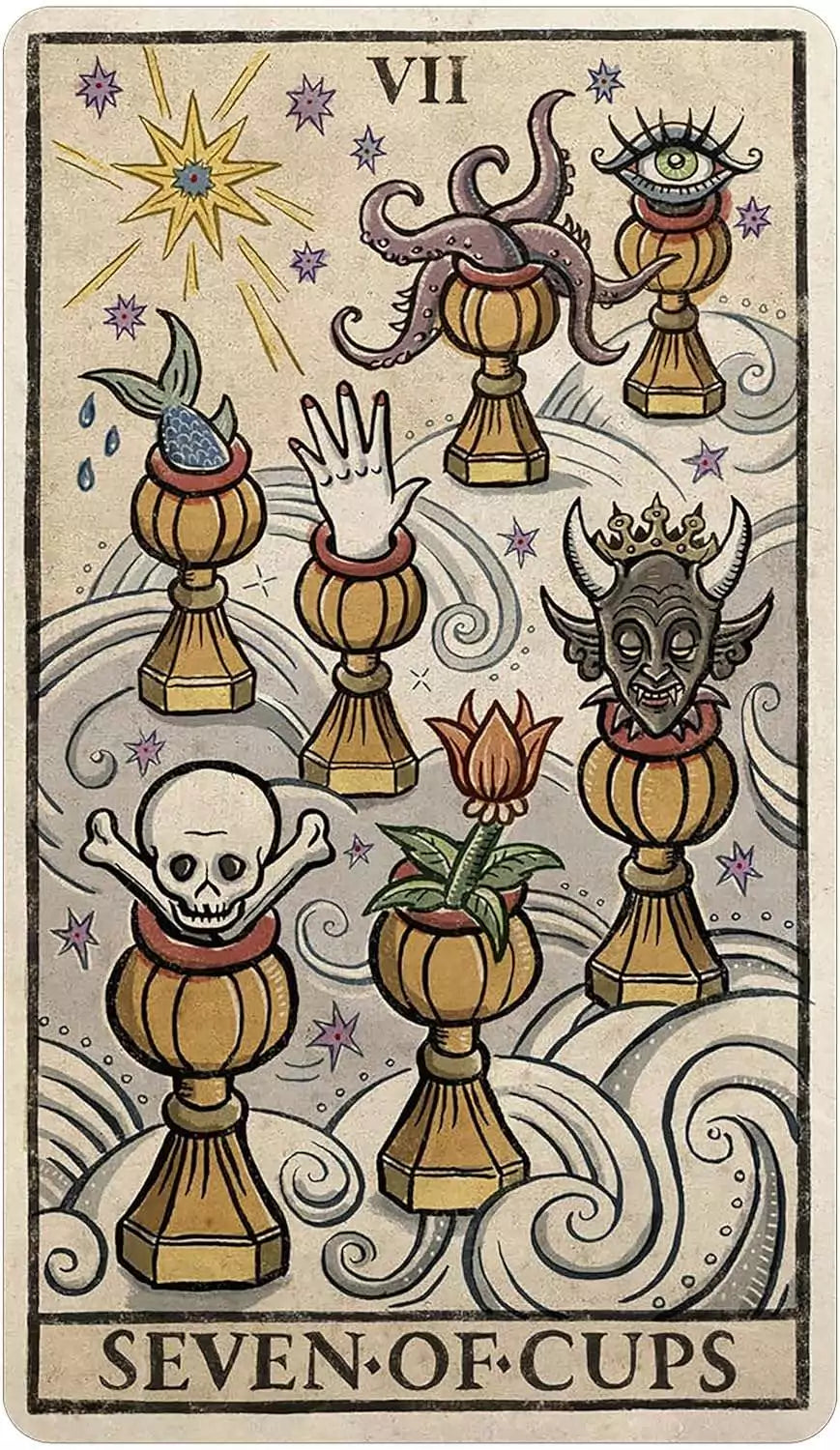 Seven of Cups tarot card from Trionfi Della Luna with seven ornate cups each containing a different vision or creature, surrealist tarot imagery.
