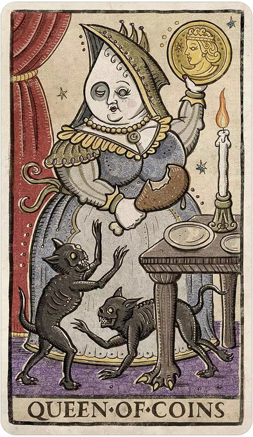 A regal female figure in an elaborate gown holds a gold coin beside a table in this ornate Trionfi Della Luna tarot card illustration.