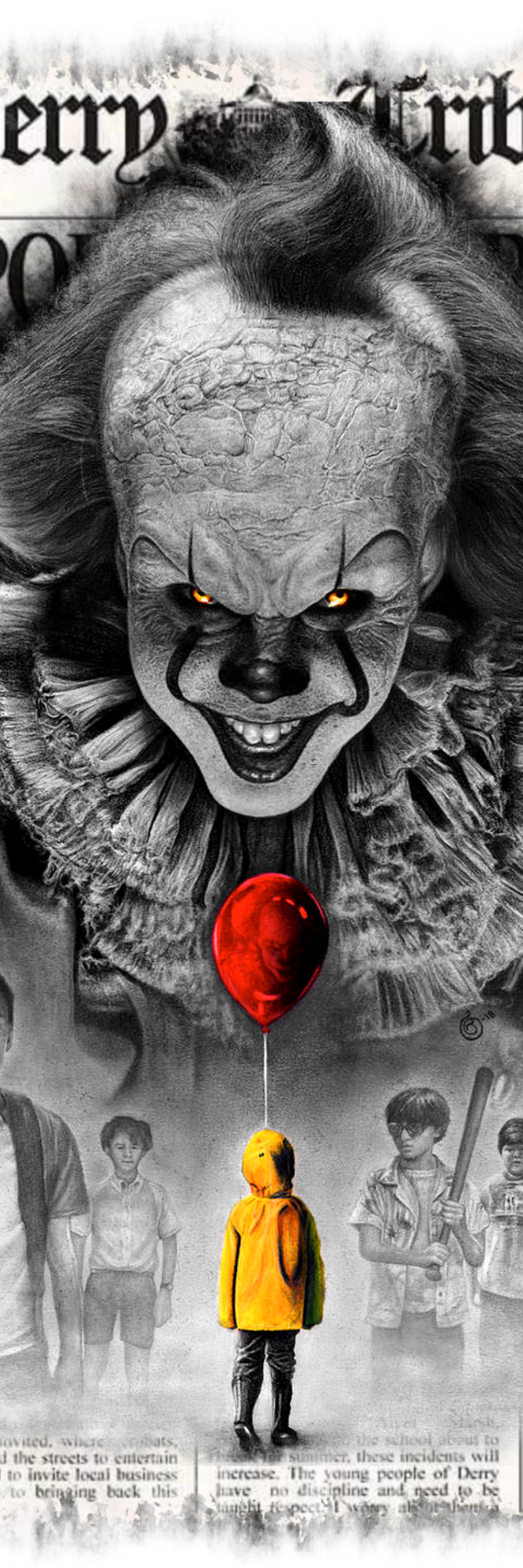 Clown with red ball and children in yellow raincoat in front, inspired by &
