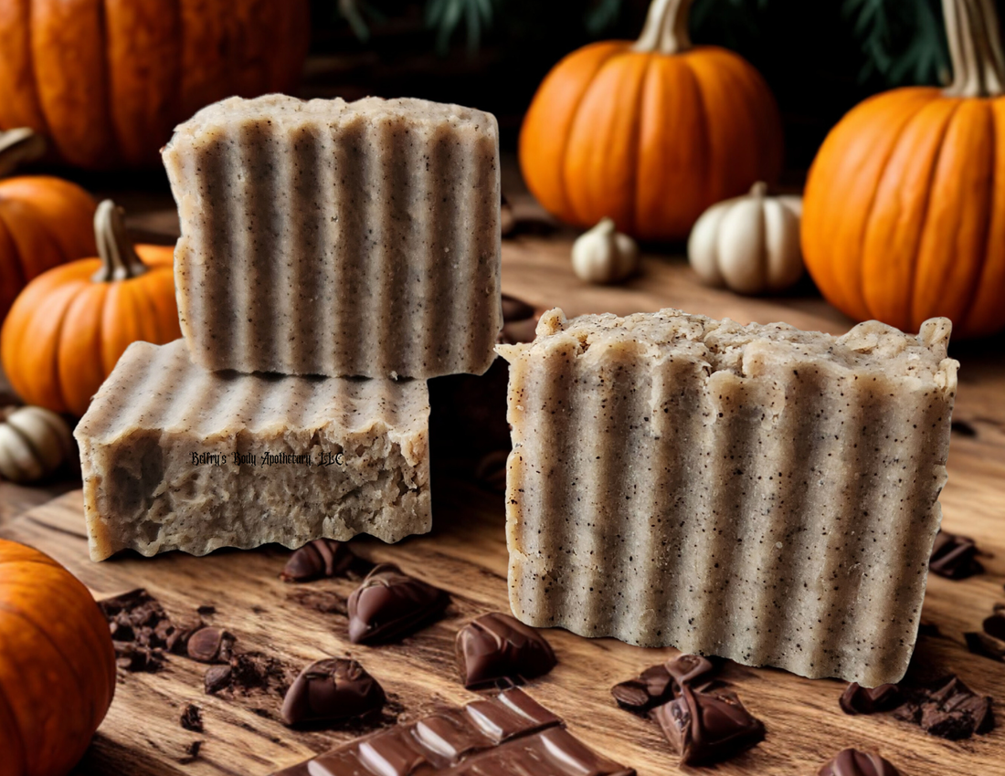 Grounding collection - three soap bars containing coffee grounds and smells of pumpkin spice 