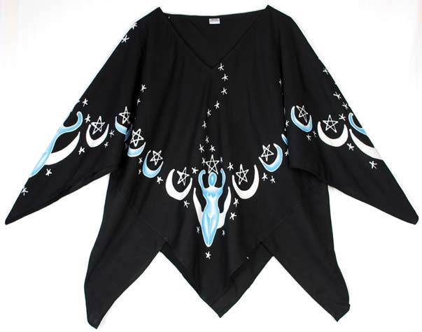 Black rayon batik Moon Goddess top with flowing silhouette and lunar pattern, spiritual ritual wear for goddess practitioners