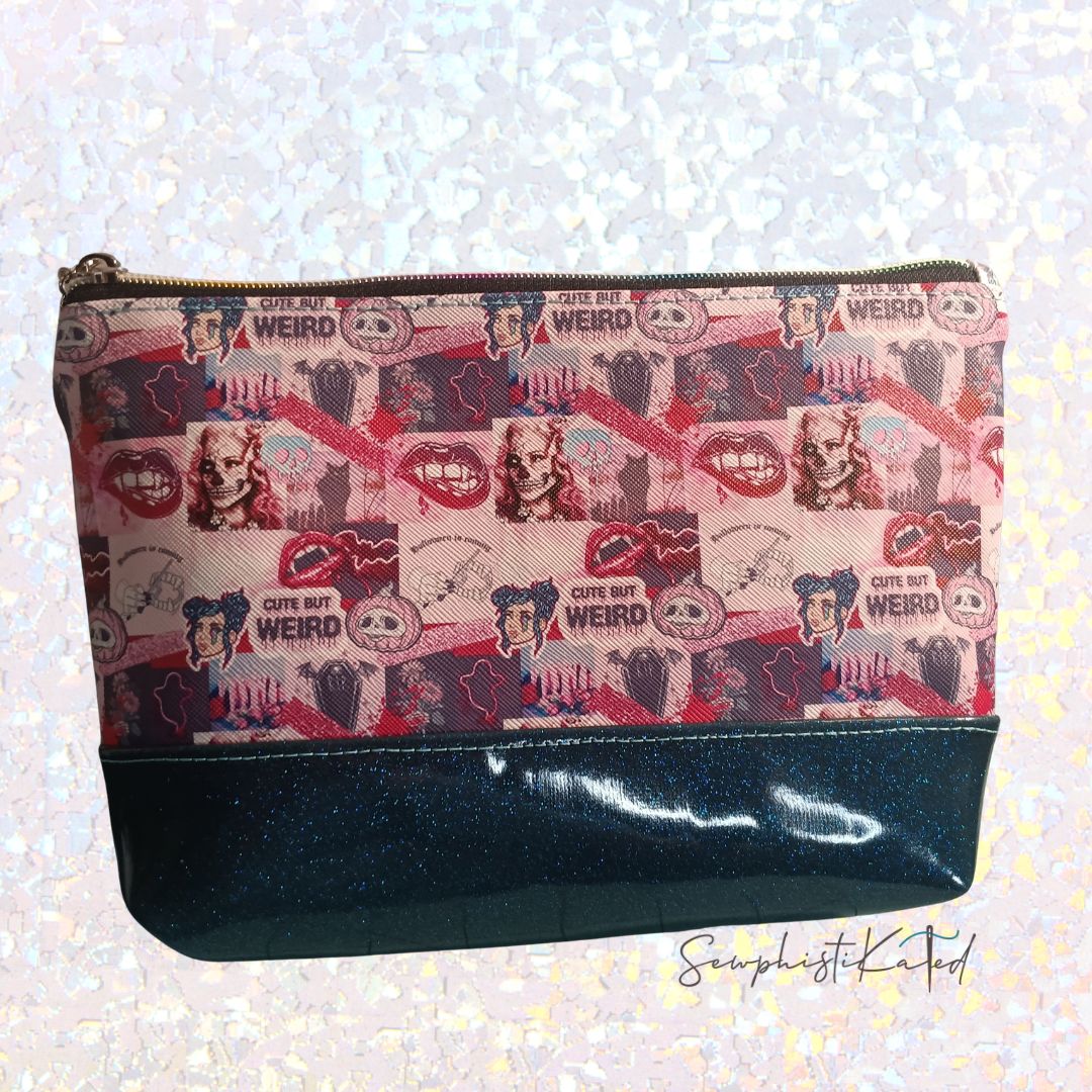 "Weird But Cute" Gothic Versatile Zipper Pouch – Skull &amp; Vampire Collage Faux Leather Bag
