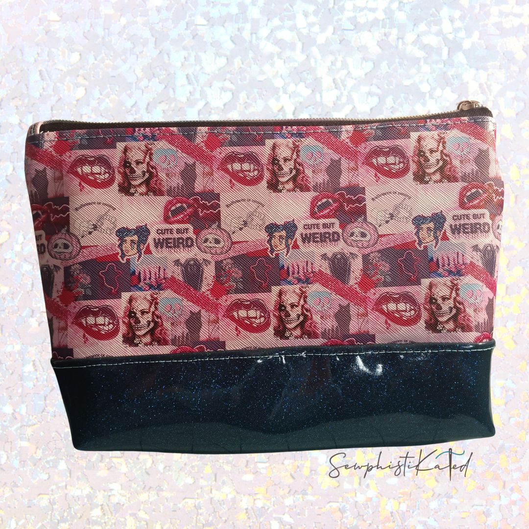 "Weird But Cute" Gothic Versatile Zipper Pouch – Skull &amp; Vampire Collage Faux Leather Bag