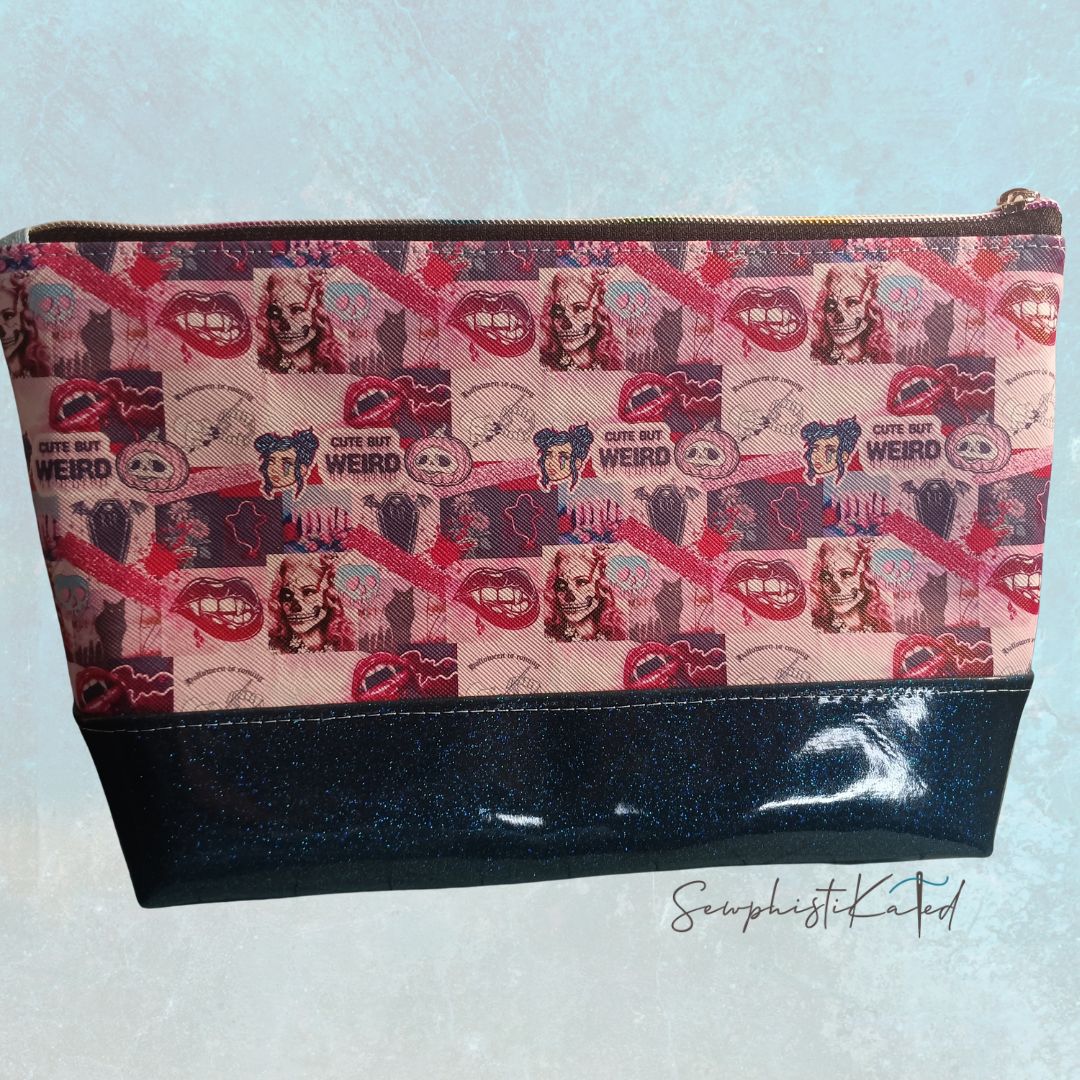 "Weird But Cute" Gothic Versatile Zipper Pouch – Skull &amp; Vampire Collage Faux Leather Bag