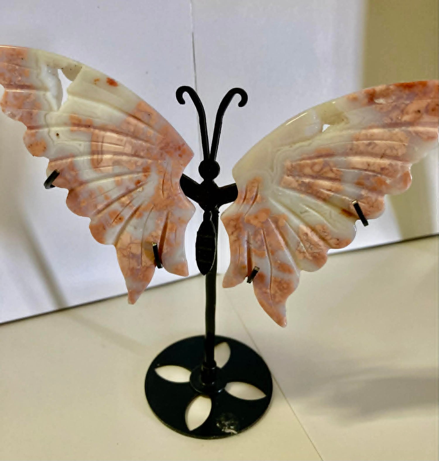 Pink Petal Agate Butterfly wings with stand