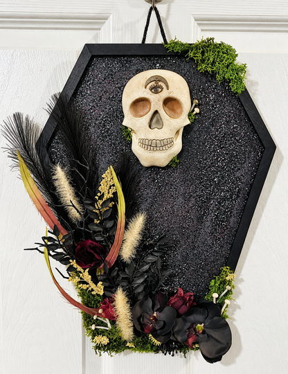 Gothic coffin floral skull wall hanging