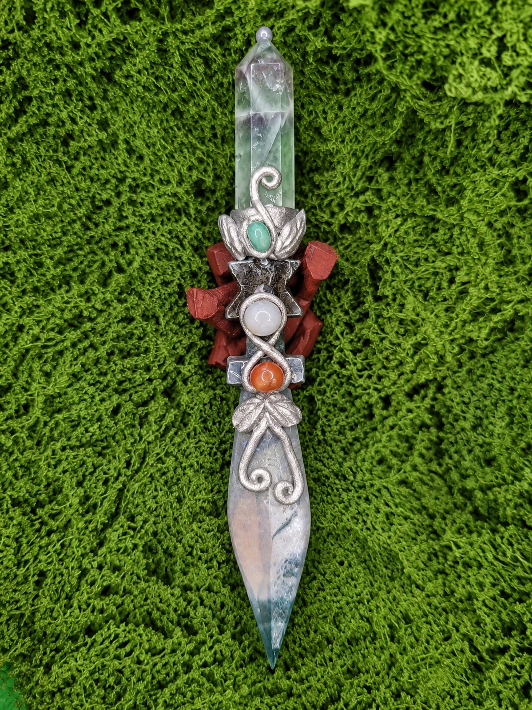 Agate with Moss Agate and Fluorite Athame