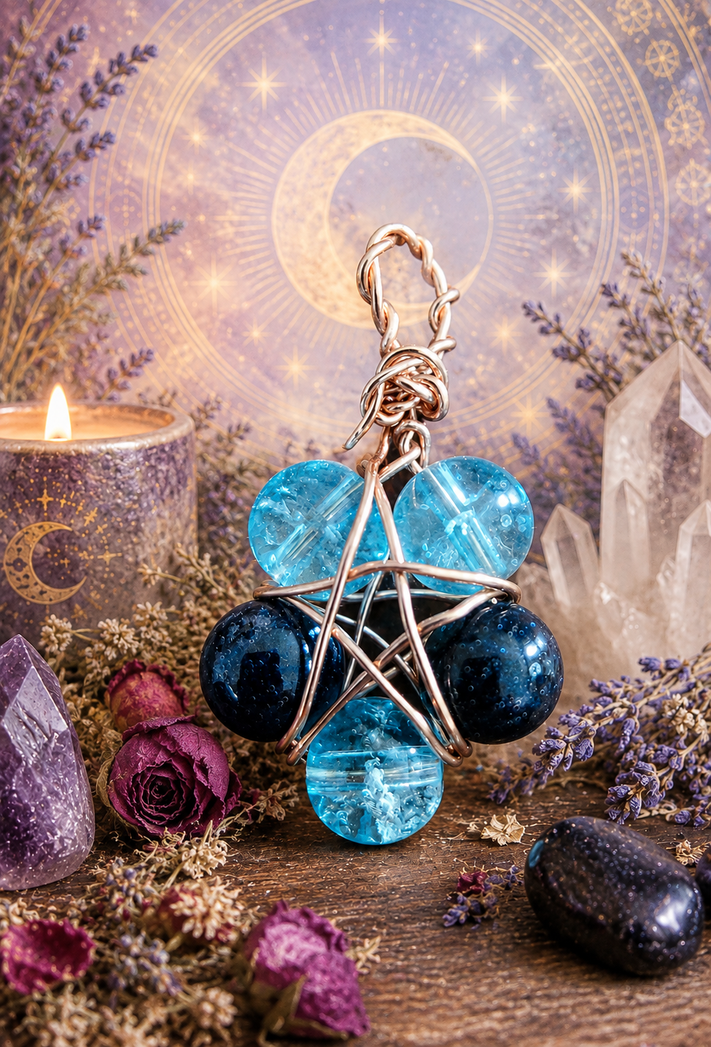 Guardian Pentacle Pendant - Aquamarine &amp; Blue Goldstone