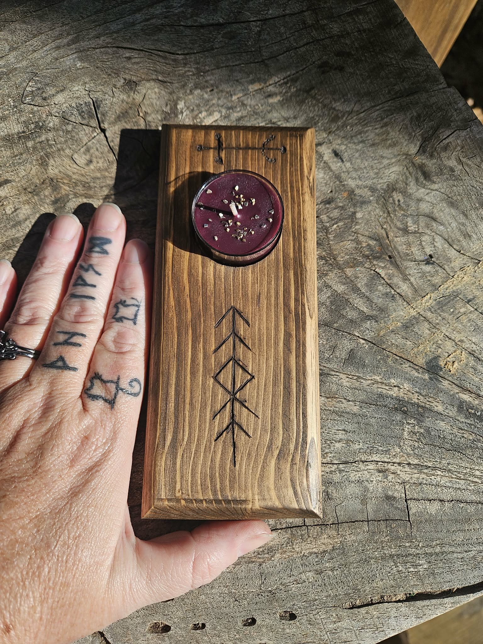 Handcrafted Wooden Tealight Holder – Home Protection Bindrune | Angrboda Candle