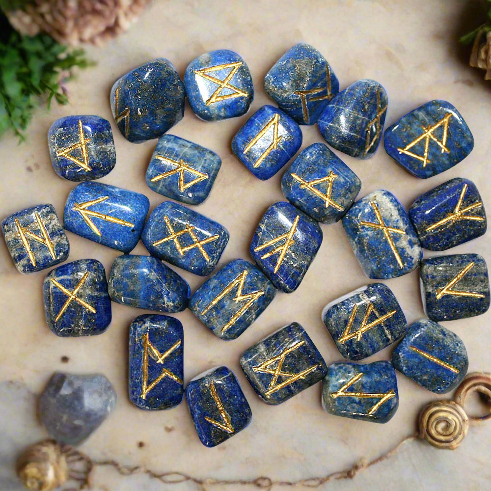 Lapis Lazuli Rune Set – Crystal Divination Stones with Chart &amp; Pouch
