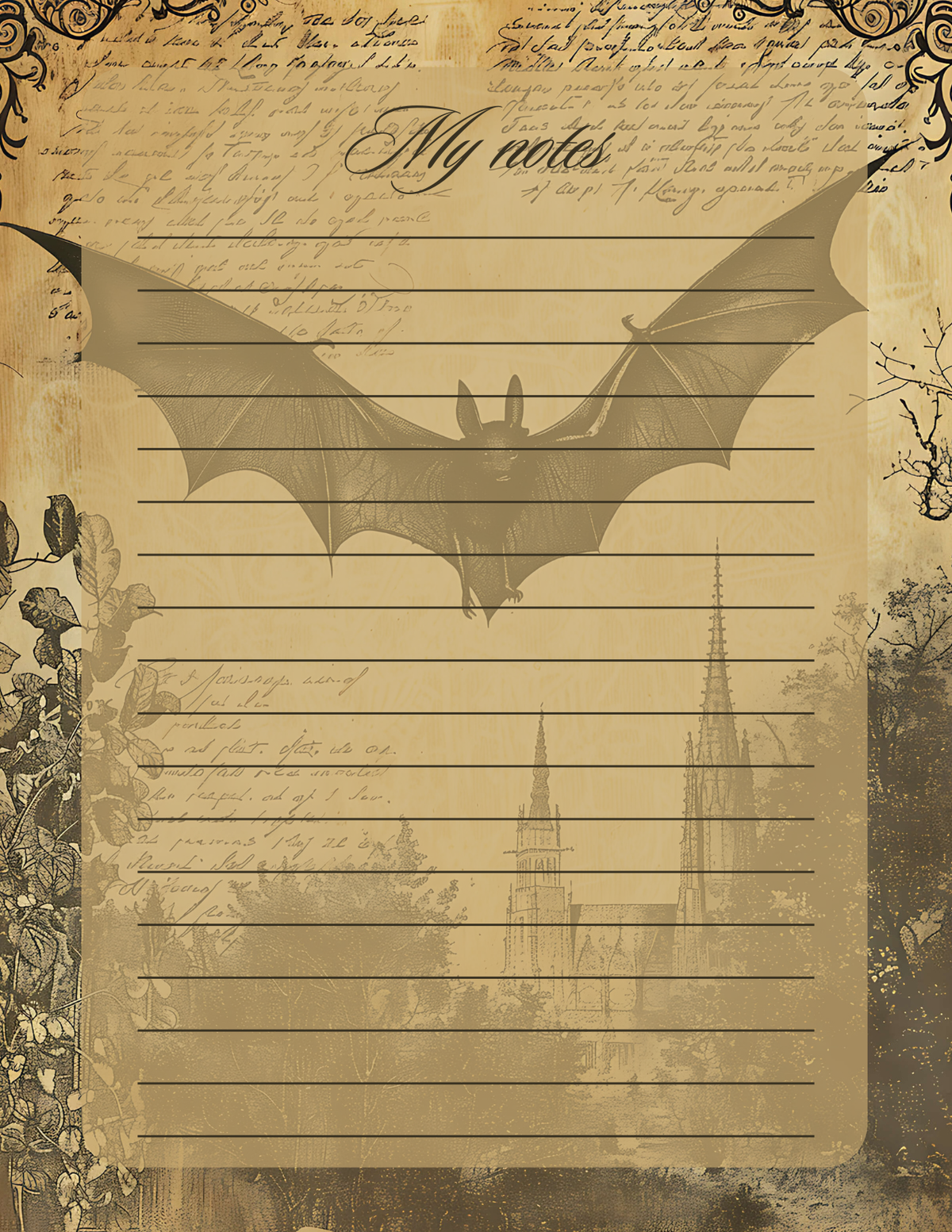Notebook page with a bat illustration and Gothic architecture on a sepia-toned background.