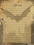 Notebook page with a bat illustration and Gothic architecture on a sepia-toned background.