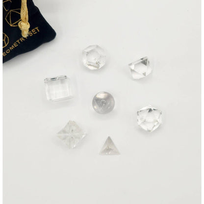 Clear Quartz Sacred Geometry Set – 7 Carved Crystals + Merkaba &amp; Sphere with Grid &amp; Pouch