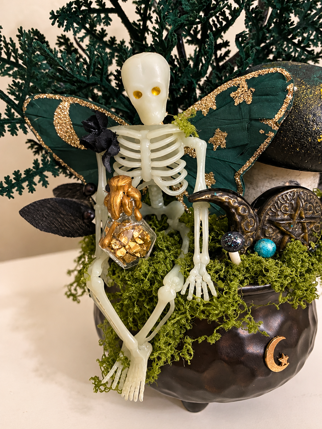 Glow in the dark skeleton crystal floral witchy centerpiece