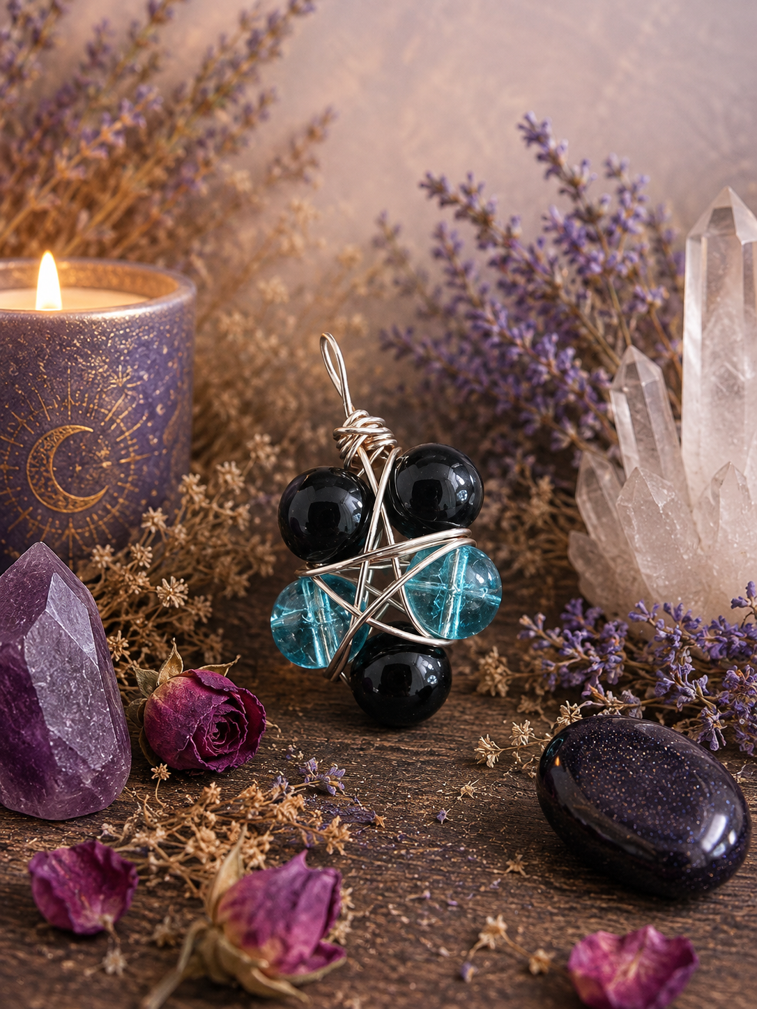 Guardian Pentacle Pendant - Black Tourmaline &amp; Aquamarine