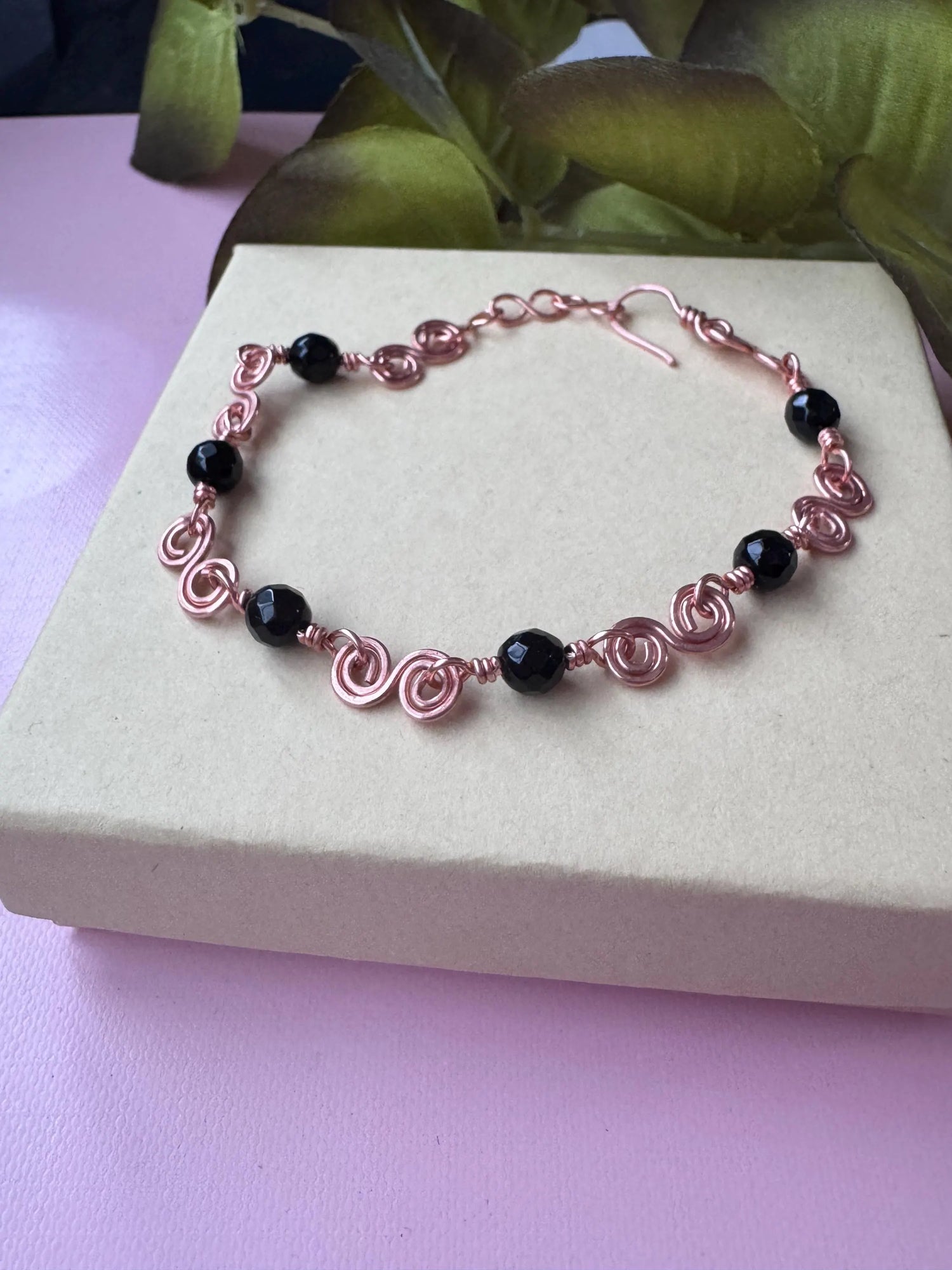 Handmade Copper Bracelet with Black Onyx Beads.