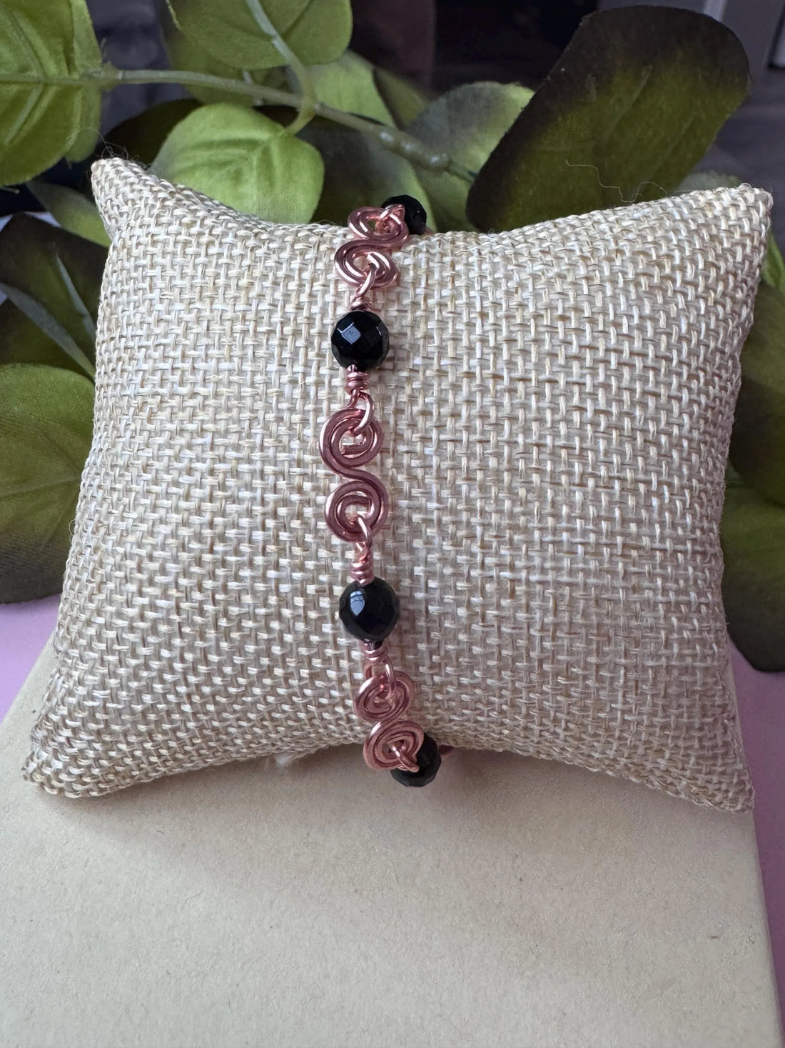 Handmade Copper Bracelet with Black Onyx Beads.