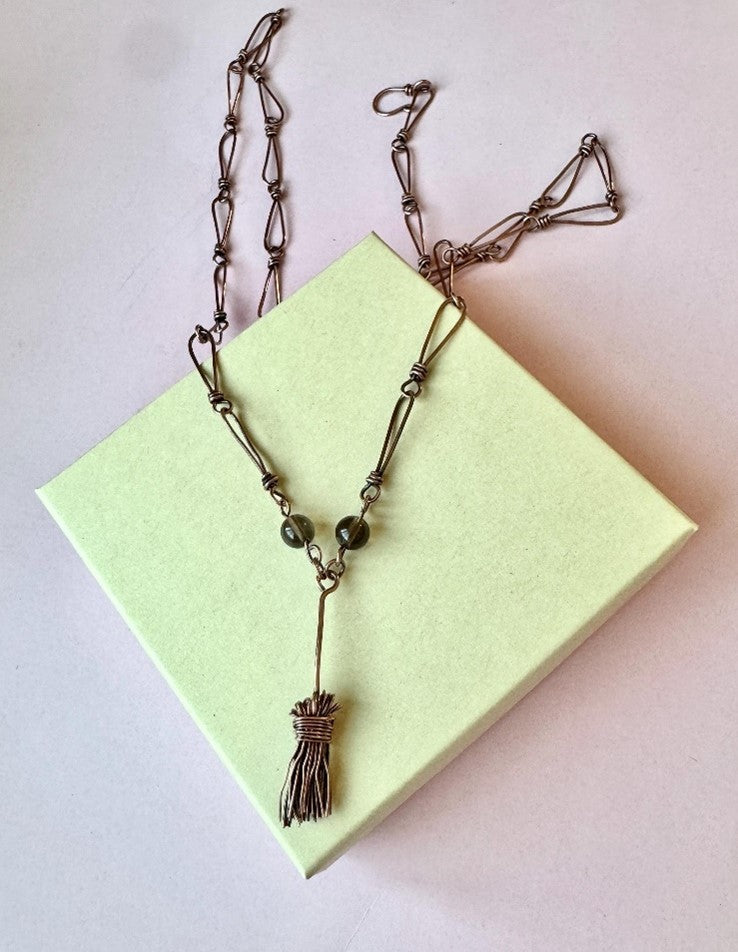 Handmade Copper Broom Necklace, Smoky Quartz Witchy Jewelry