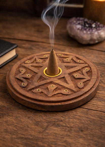 Carved Wood Pentacle Cone &amp; Sitcks Incense Burner