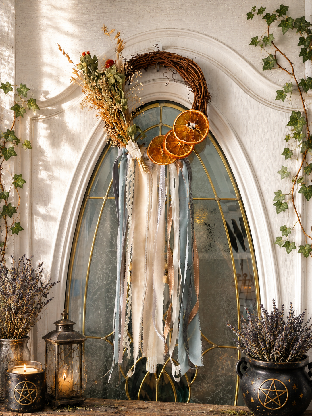 Handmade Witch Bells Grapevine Wreath | Selenite Crystal Door Hanger | Boho Decor | Wall Decor